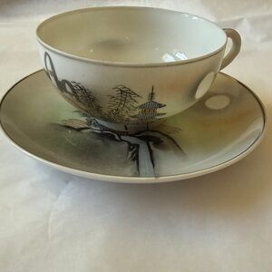 Vintage hand painted Kutani china Japan scenic pagoda landscape tea cup & saucer